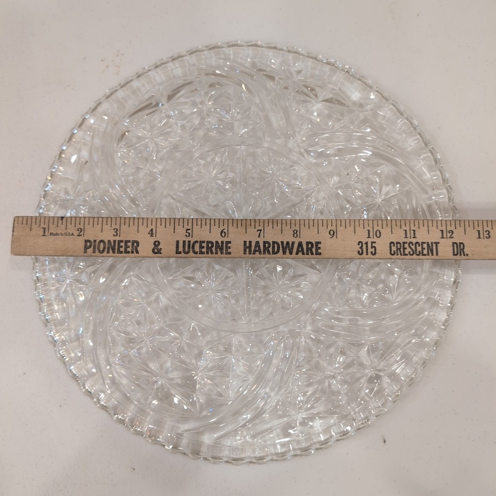 VTG Cut Glass Starburst Pattern Serving Platter Round Scalloped Edge 12.5" - Picture 7 of 8